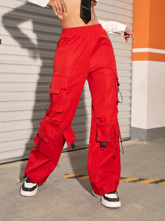 Hip Pop Flap Pocket Side Solid Color Elastic Waist Loose Straight Cargo Pants Red